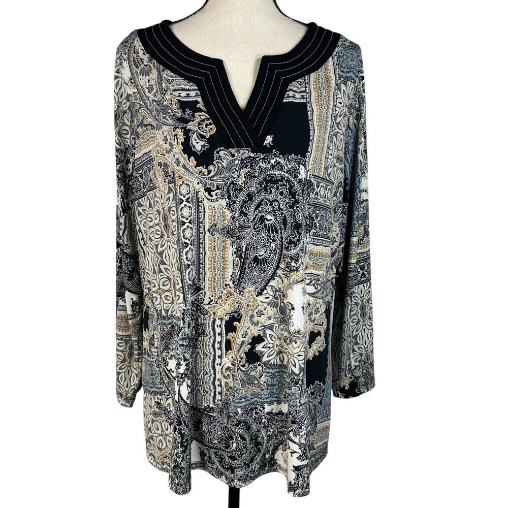 Susan Graver X-Large Tunic Top Paisley Stretch V-Neck Long Sleeve Side Slits